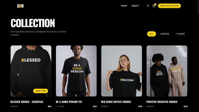 Good Vibes Only shop catalog with category filter pills across the 42-product range