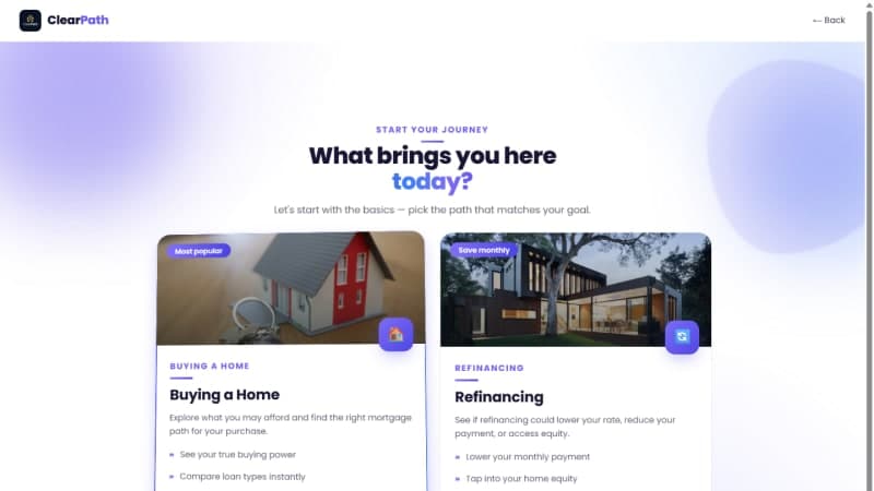 ClearPath journey path selector choosing between buying and refinancing