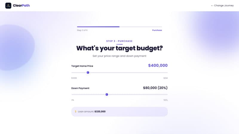ClearPath budget step with sliders and live derived loan-amount callout