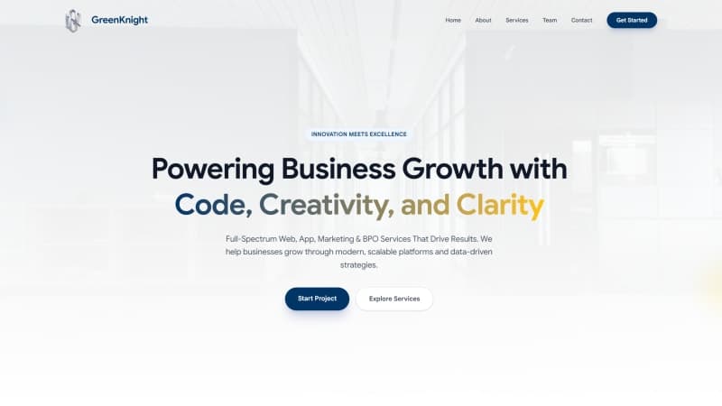 Green Knight website hero — Powering Business Growth with Code, Creativity, and Clarity