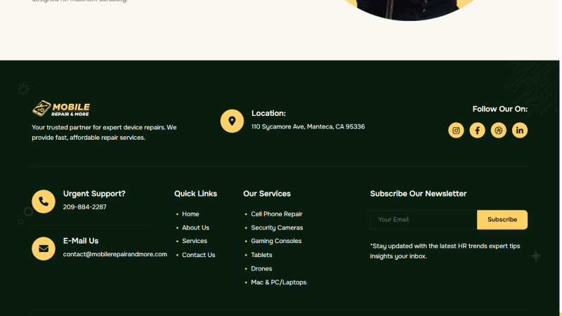 Mobile Repair & More contact section with quote-request form