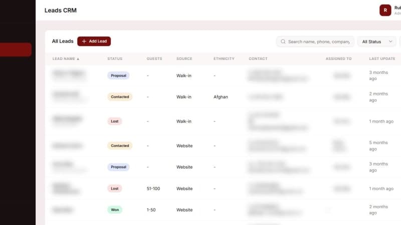 Ruby Event Center Leads CRM showing inquiries with Website and Walk-in source attribution — contact details blurred for privacy