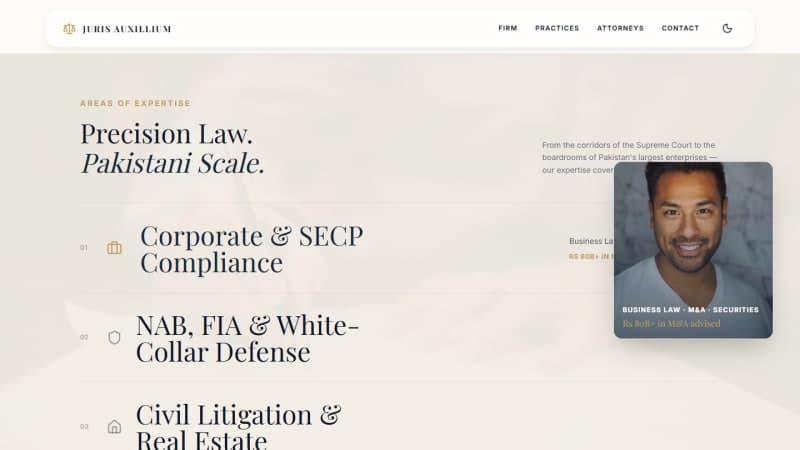 Juris Auxillium practices page presenting four practice pillars — corporate, white-collar defense, civil litigation, and constitutional petitions