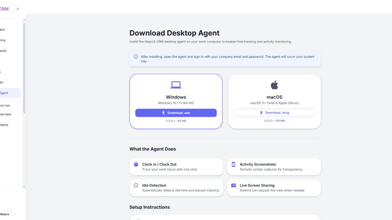 Naqvix CRM desktop agent download page for Windows and macOS, listing clock-in, activity screenshots, idle detection, and live screen sharing