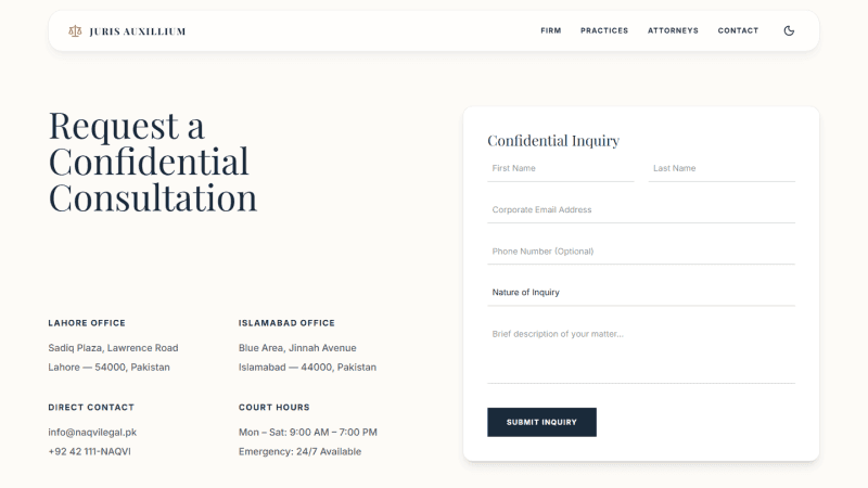 Juris Auxillium confidential consultation form with matter-type dropdown and dual Lahore/Islamabad office details