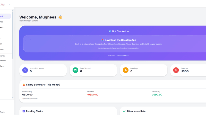 Naqvix CRM employee dashboard with clock-in banner, hours, late arrivals, penalties, and salary summary