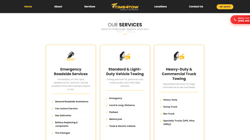 Time4Tow services cards covering towing and roadside recovery offerings