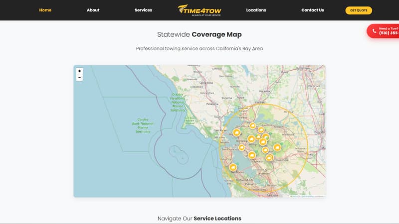 Time4Tow interactive Leaflet coverage map with truck markers across the Bay Area