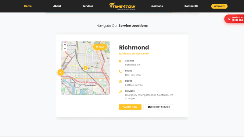 Time4Tow Richmond location detail page with mini-map and branch phone line
