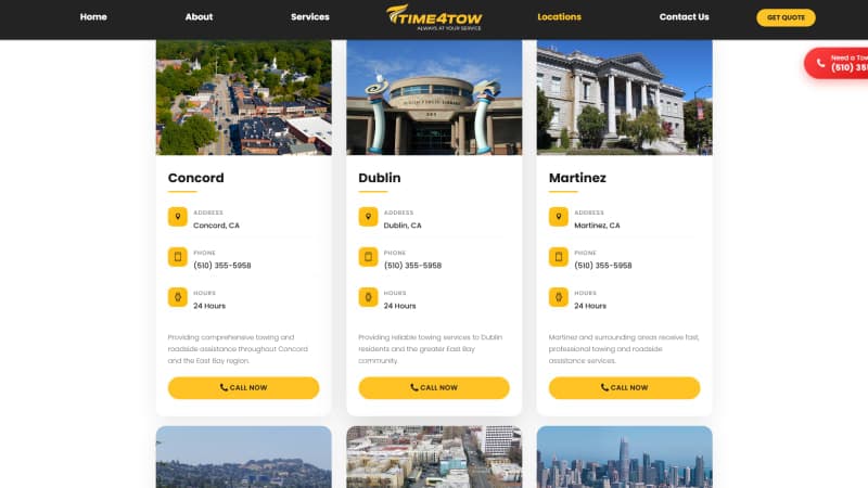 Time4Tow locations grid listing the Bay Area service cities