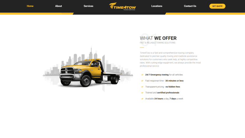 Time4Tow what-we-offer section outlining the towing lead-gen service