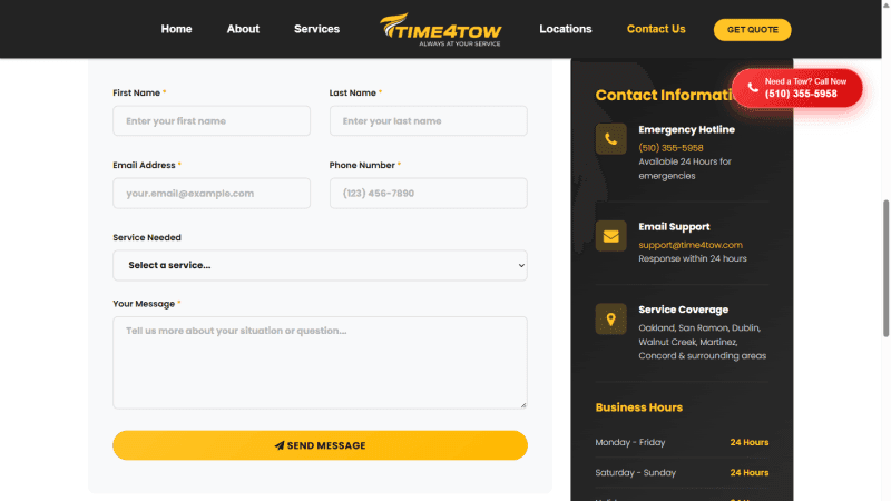 Time4Tow quote-request form for capturing non-emergency towing leads