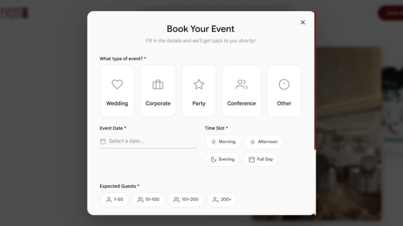 Ruby Event Center booking modal with event type, date, time slot, and guest count fields and a gold-themed calendar picker