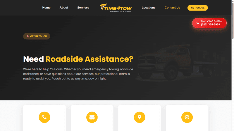 Time4Tow contact page with branch phone lines and 24/7 availability