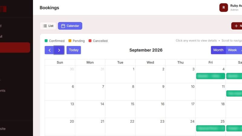 Bookings calendar view in the Ruby Event Center admin showing confirmed event dates — client names blurred for privacy