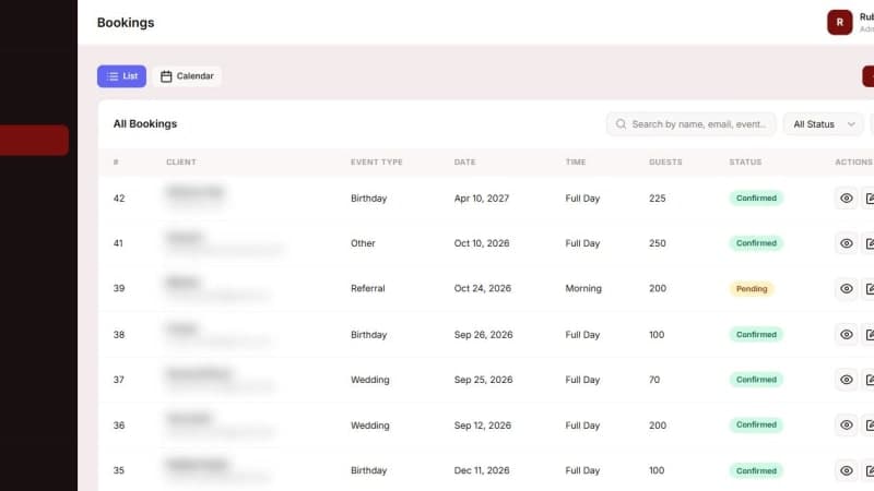 Bookings list in the Ruby Event Center admin with status per booking — client details blurred for privacy