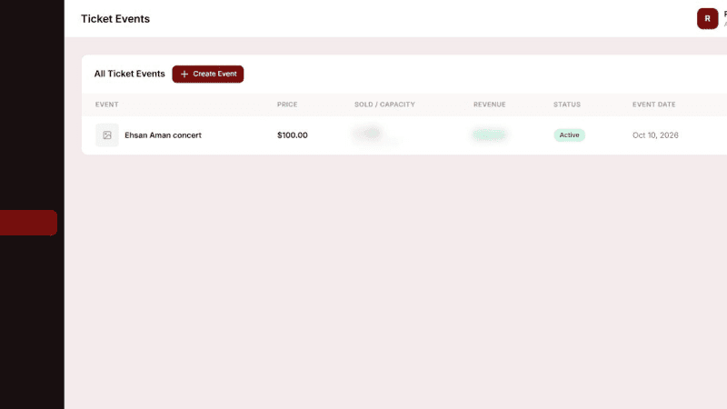 Ticket-event management in the Ruby Event Center admin tracking price, capacity, and revenue per event — customer data blurred for privacy