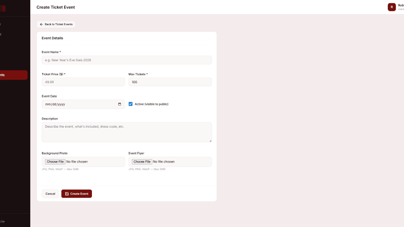 Create ticket event form in the Ruby Event Center admin with event name, date, price, and capacity fields
