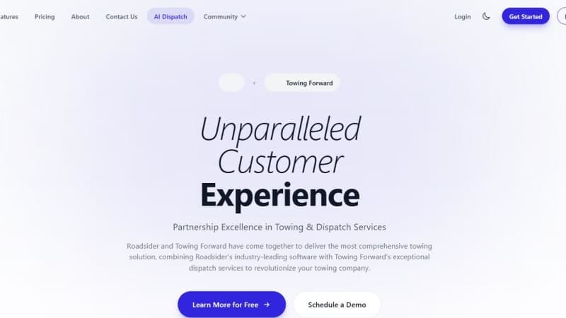 Roadsider AI dispatch page co-branded with Towing Forward, covering 24/7 call answering and AI-assisted dispatching