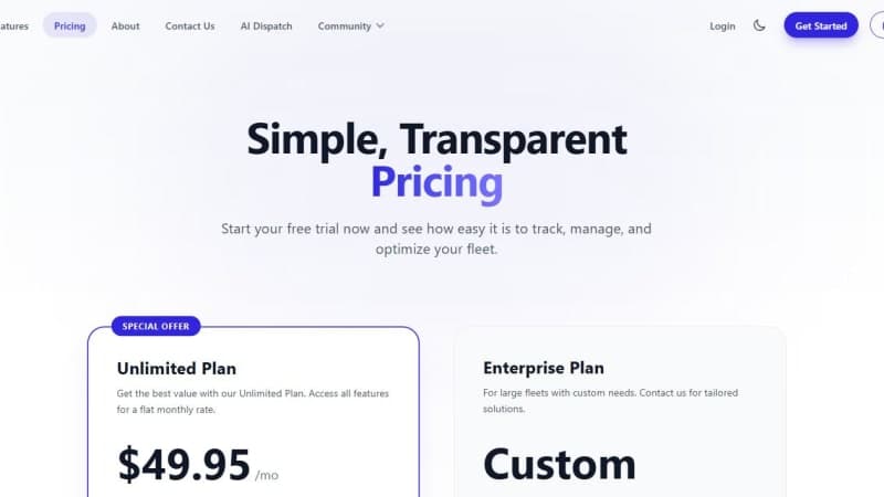 Roadsider pricing page with the $49.95/month flat unlimited plan and 30-day free trial
