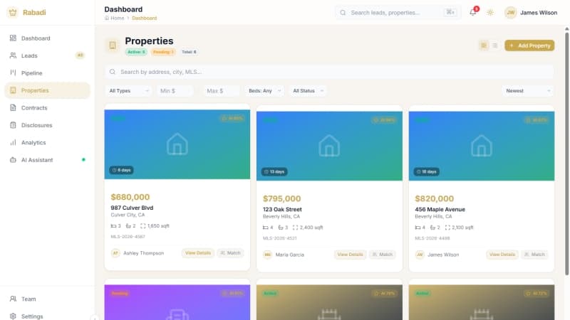 Rabadi property listings module with beds, baths, and price filters