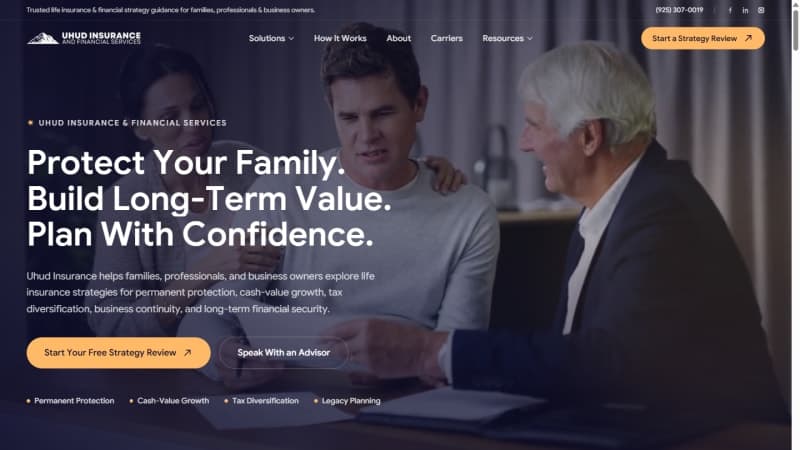Uhud Insurance homepage hero — Protect Your Family, Build Long-Term Value, Plan With Confidence