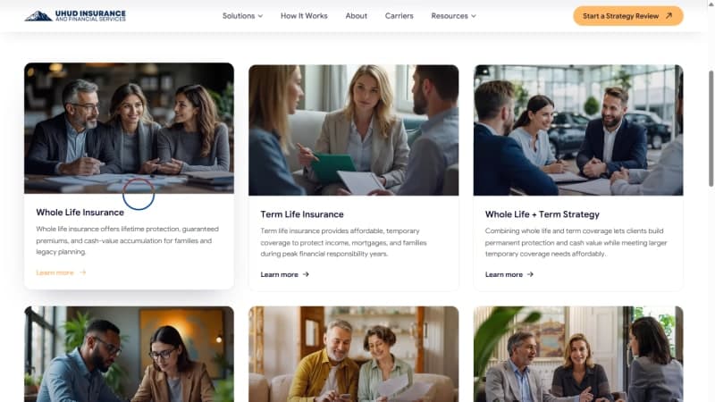 Uhud Insurance solutions grid listing the 8 life-insurance strategy pages