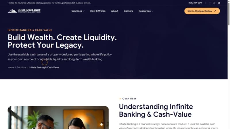 Uhud Insurance infinite banking solution detail page with benefits and FAQ sections