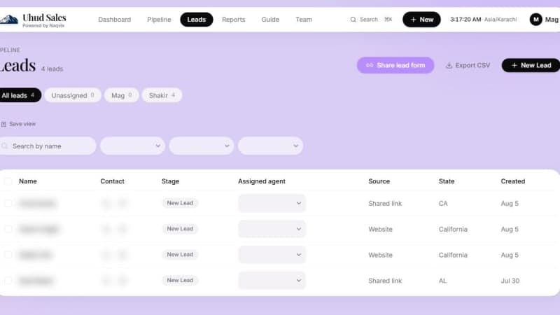 Uhud Sales CRM leads list with per-agent views