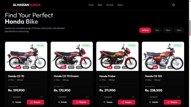 Honda bike catalogue grid showing models with prices, colour options, and a compare tool, built by Naqvix