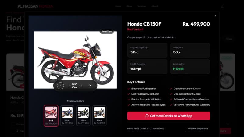 Motorcycle detail view with a 360-degree viewer, colour-variant pricing, and full specifications for the Honda CB 150F
