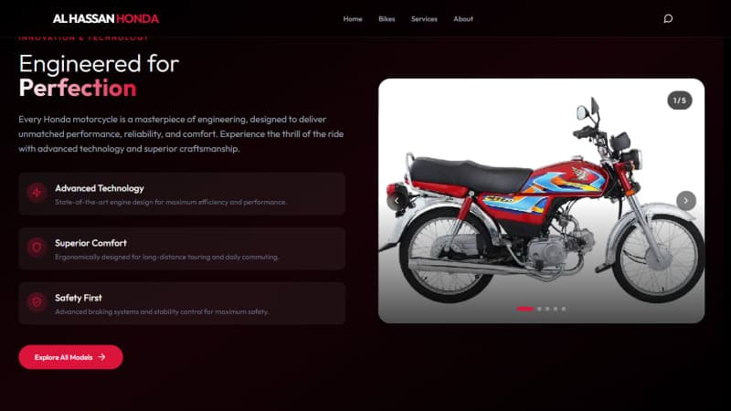 Engineered for Perfection section highlighting advanced technology, comfort, and safety features on the Al Hassan Honda site