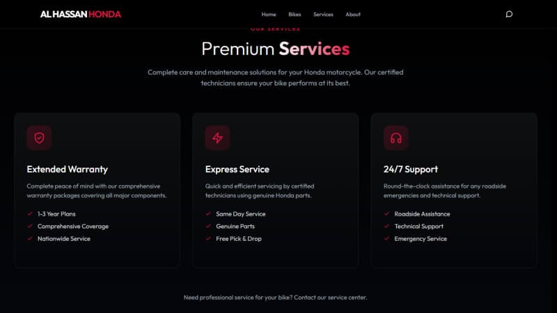 Premium services section covering extended warranty, express servicing, and 24/7 roadside support