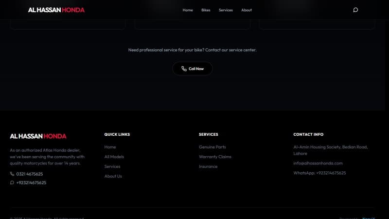 Footer with dealership contact details, the Bedian Road Lahore location, and the Naqvix development credit