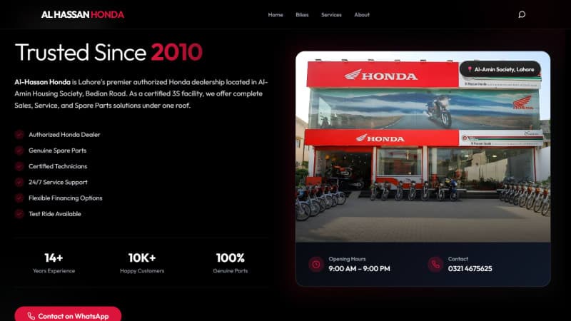 About section presenting Al Hassan Honda as a certified Honda 3S dealer with trust badges and 14-plus years of experience