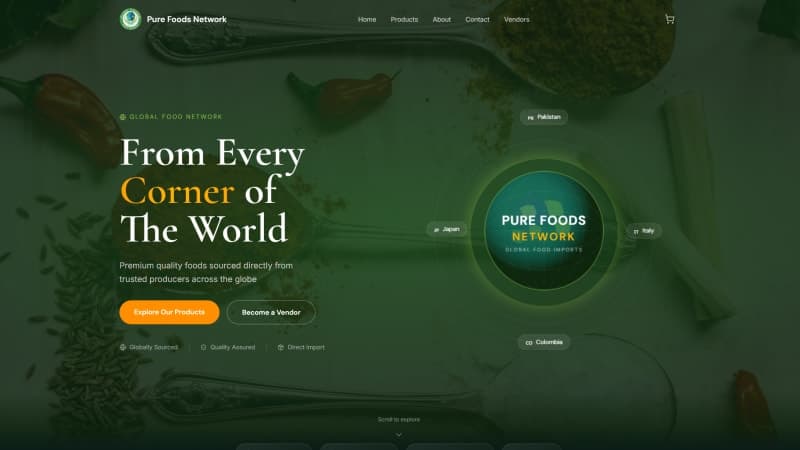 Pure Foods Network homepage hero with a globe and orbiting origin-country badges
