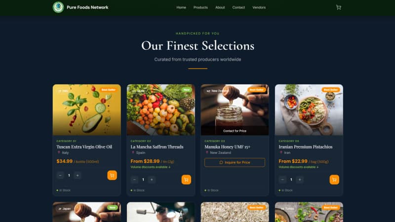 Pure Foods Network featured products grid with origin-country badges on each card