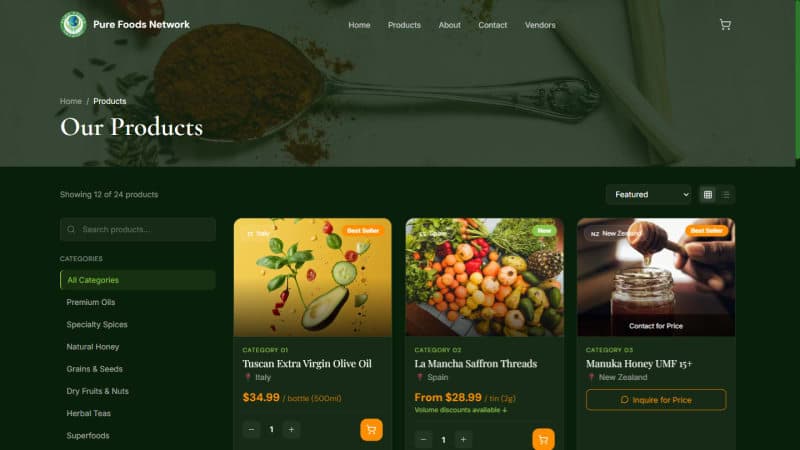 Pure Foods Network catalog filtered by category, price bucket, and origin country