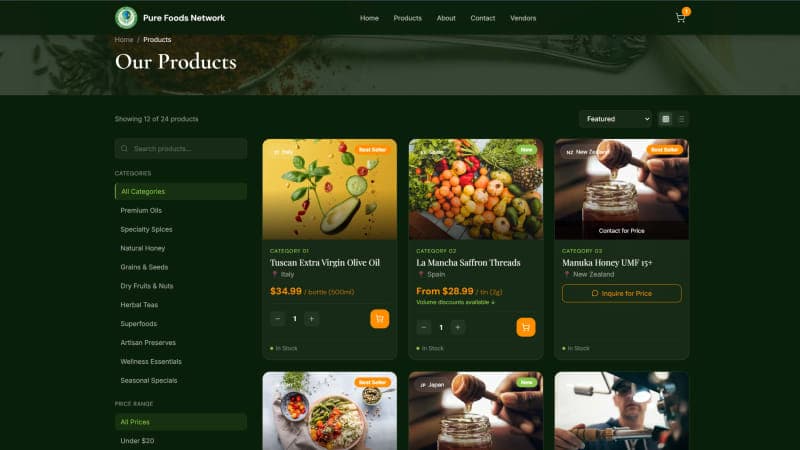 Pure Foods Network shop catalog with filter sidebar, sorting, and pagination
