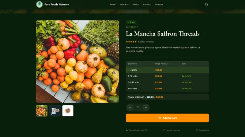 Pure Foods Network product page with tiered volume-discount table and live order calculator