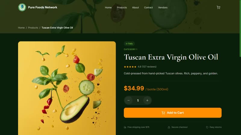 Pure Foods Network product detail page with sourcing story, ratings, and related products