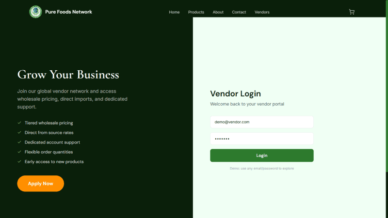 Pure Foods Network wholesale vendor program landing page for business buyers