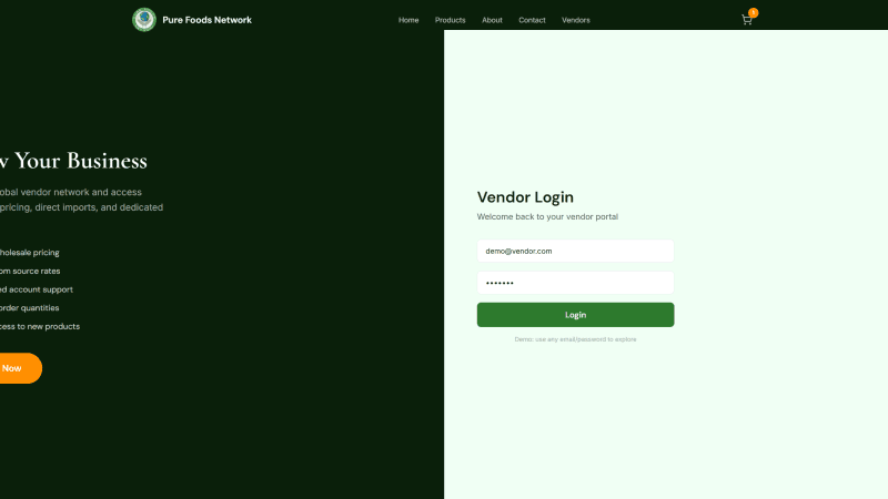 Pure Foods Network vendor portal login split-screen