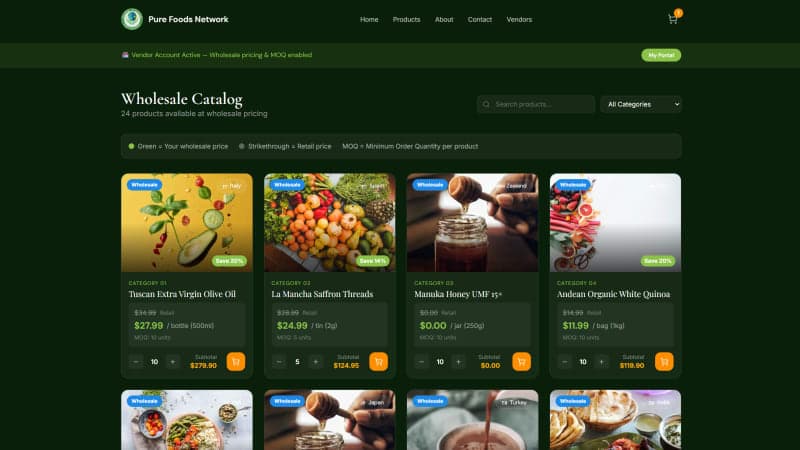 Pure Foods Network wholesale catalog showing retail vs. wholesale pricing and minimum order quantities
