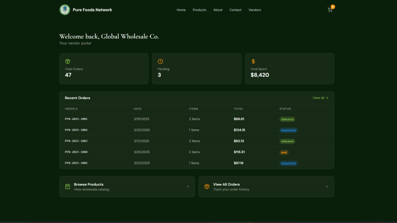 Pure Foods Network vendor dashboard with order statistics and order lifecycle table