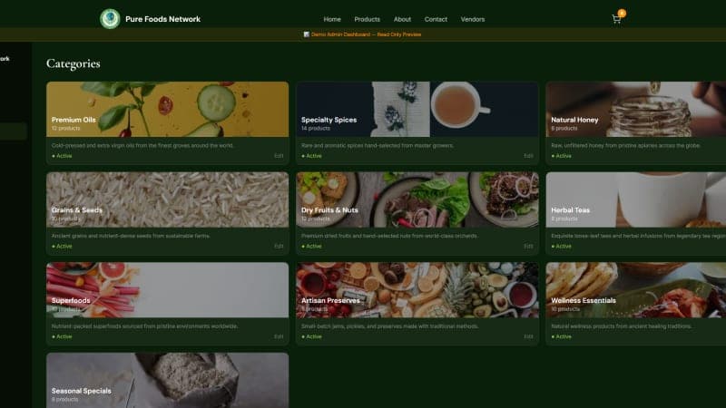 Pure Foods Network admin categories management view