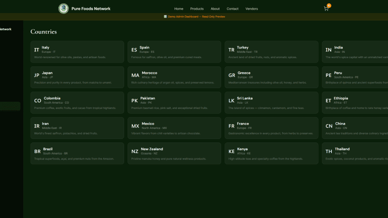 Pure Foods Network admin origin-countries management grid