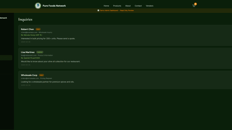 Pure Foods Network admin inquiries module for contact-for-price requests