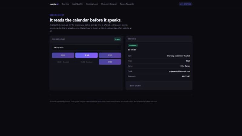 Booking agent with a confirmed slot and reference code. Taken hours are rendered as unselectable, so no time is ever offered that is already gone