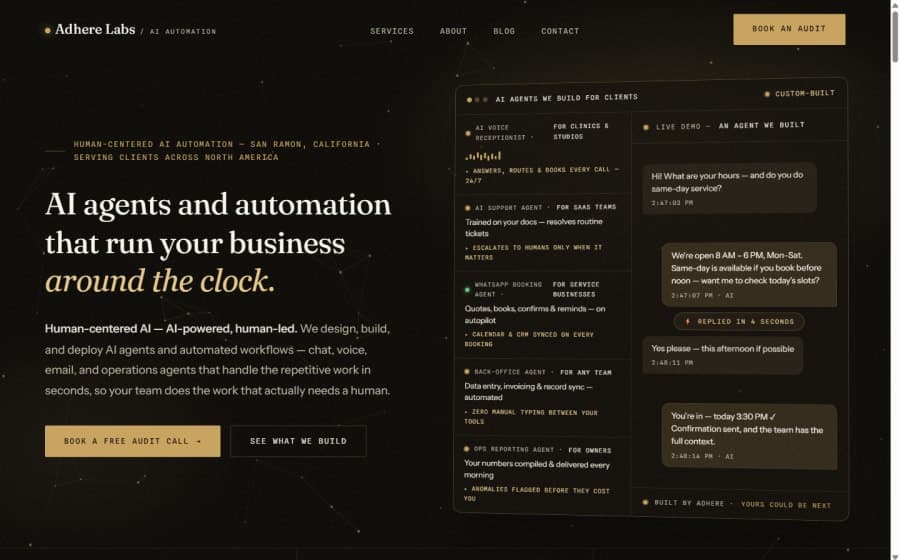 An Editorial Dark-Luxe Website and 18-Page Content Architecture for Adhere Labs — AI & Automation Services